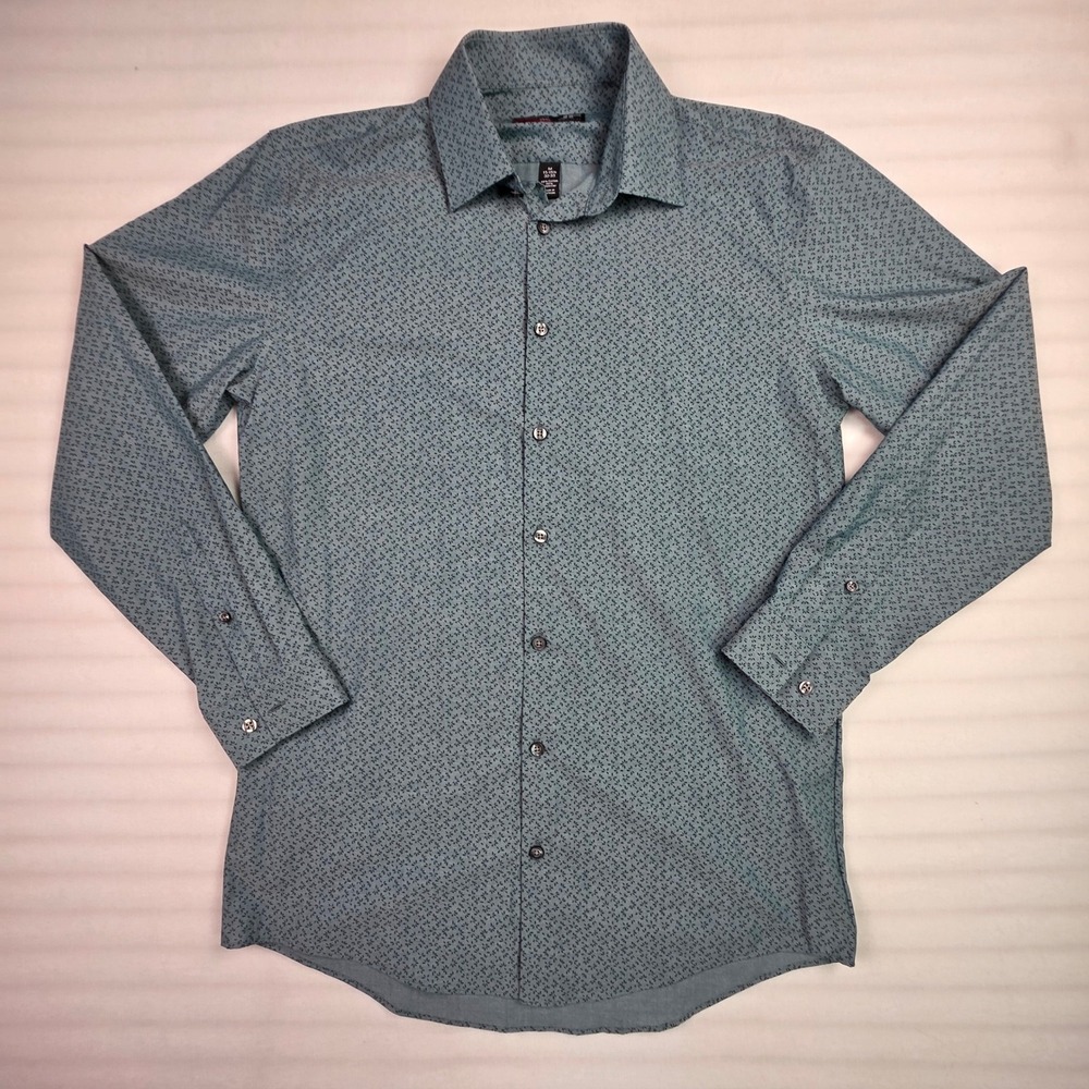 J Ferrar Mens Slim Fit Stretch Dress Shirt Teal Floral Print M 15-15.5 32-33